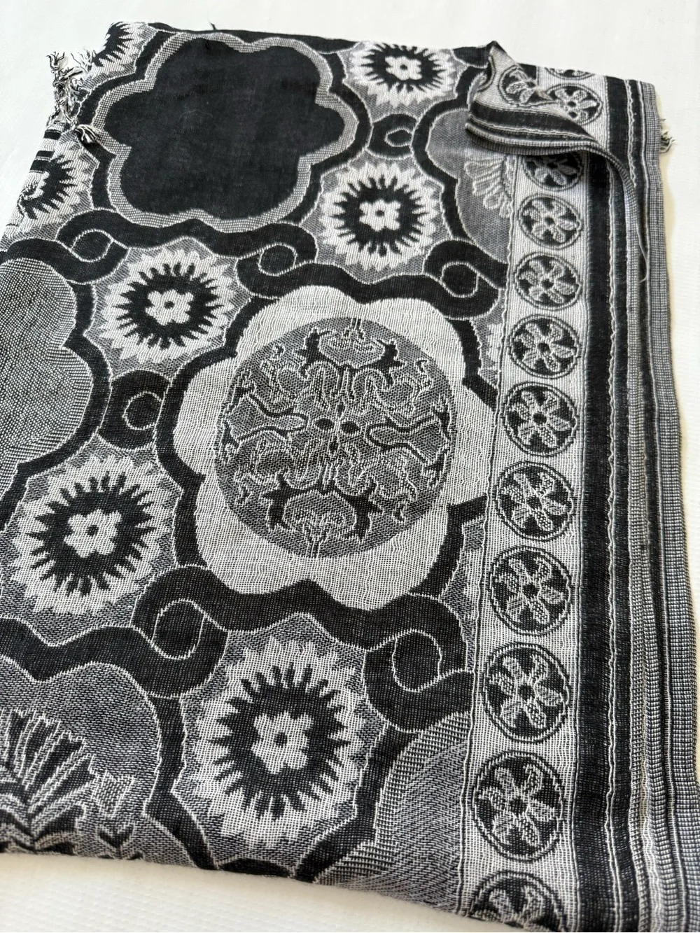 Pashmina Silk Blend Black & Gray Patterned Fringed Wrap Shawl Scarf
